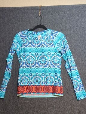 La Blanca Blue Medallion Long Sleeve Swim Top Rash Guard Small